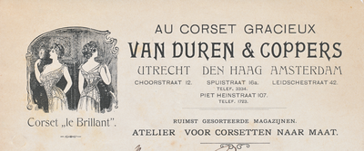 711081 Kop van een nota van Van Duren & Coppers, ‘Au Corset Gracieux’ - Atelier voor corsetten naar maat, Choorstraat ...